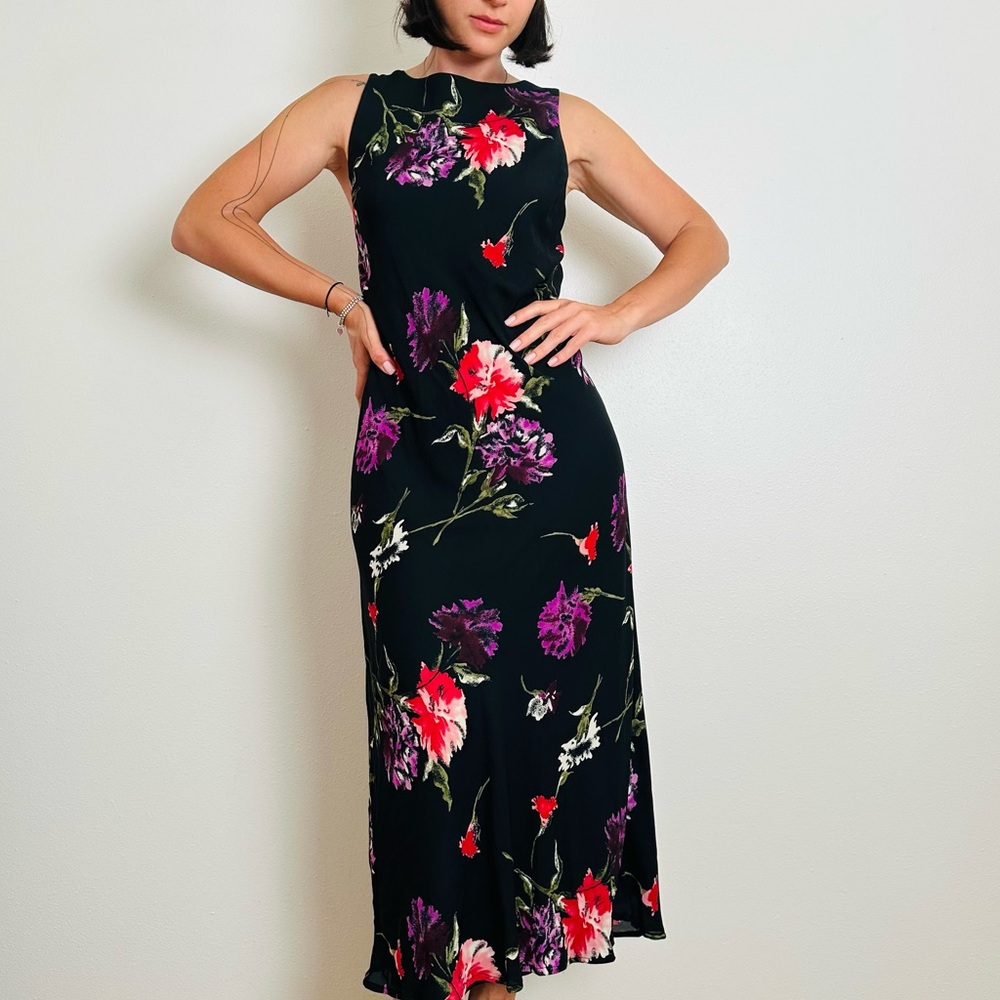 Vintage JM Studio Floral Sleeveless Black Maxi Dress Boho